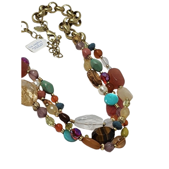 Lia Sophia Tigers Eye, Quartz, Resin Beads Strand Necklace Antique Gold (18-21") - Picture 6 of 10